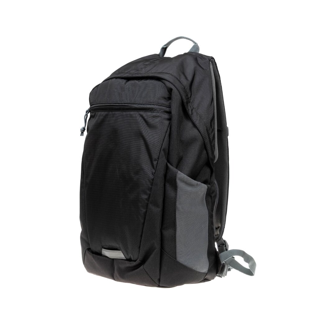 Image of a 45 degree angle view of a black backpack