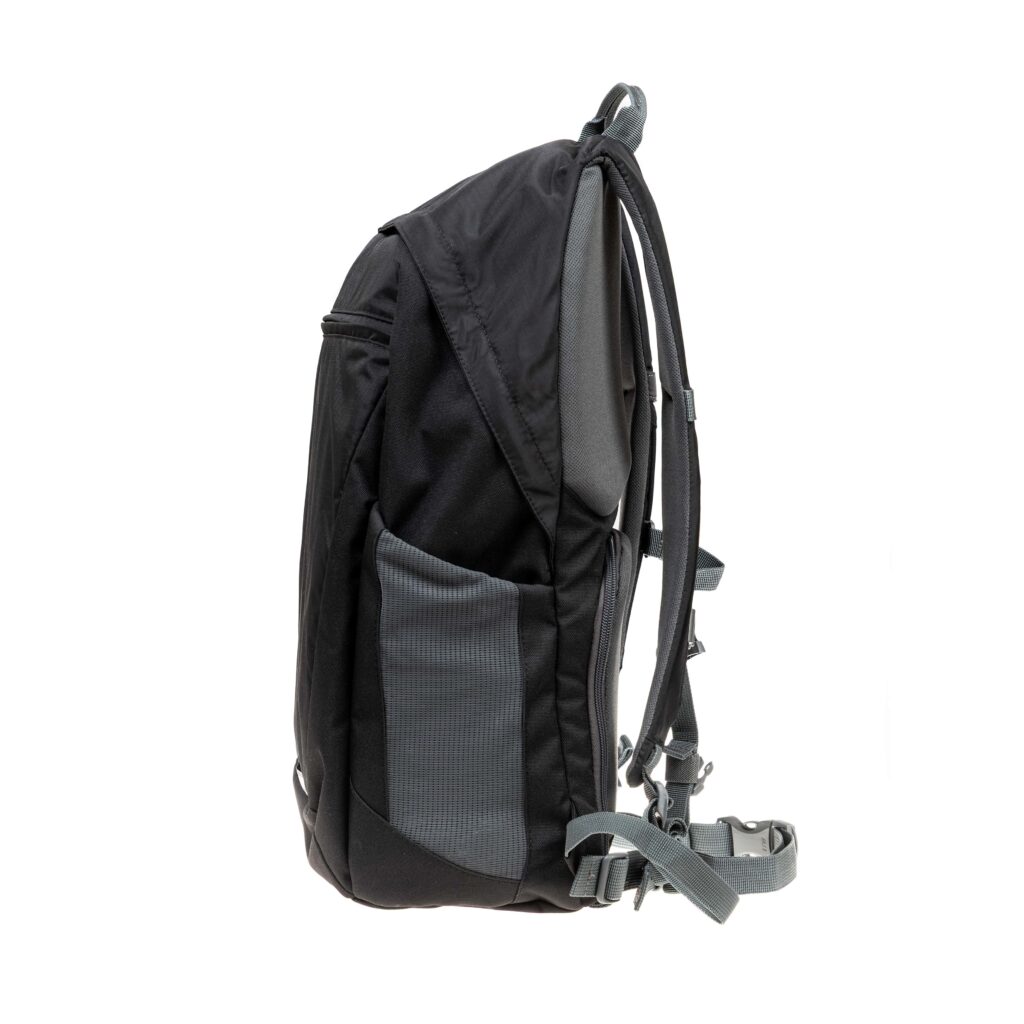 Image of the side view of a black backpack