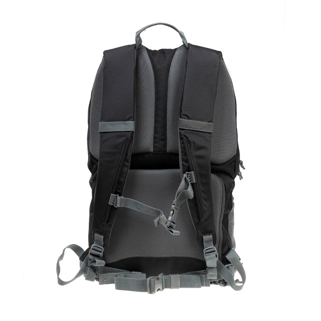 Image of the back of a black backpack